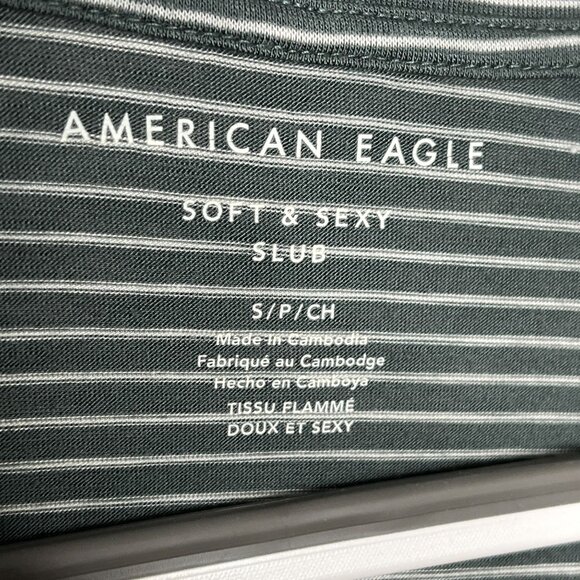 American Eagle Top Womens Small T Shirt Soft Sexy Slub Green Striped Casual Tee - Picture 6 of 11